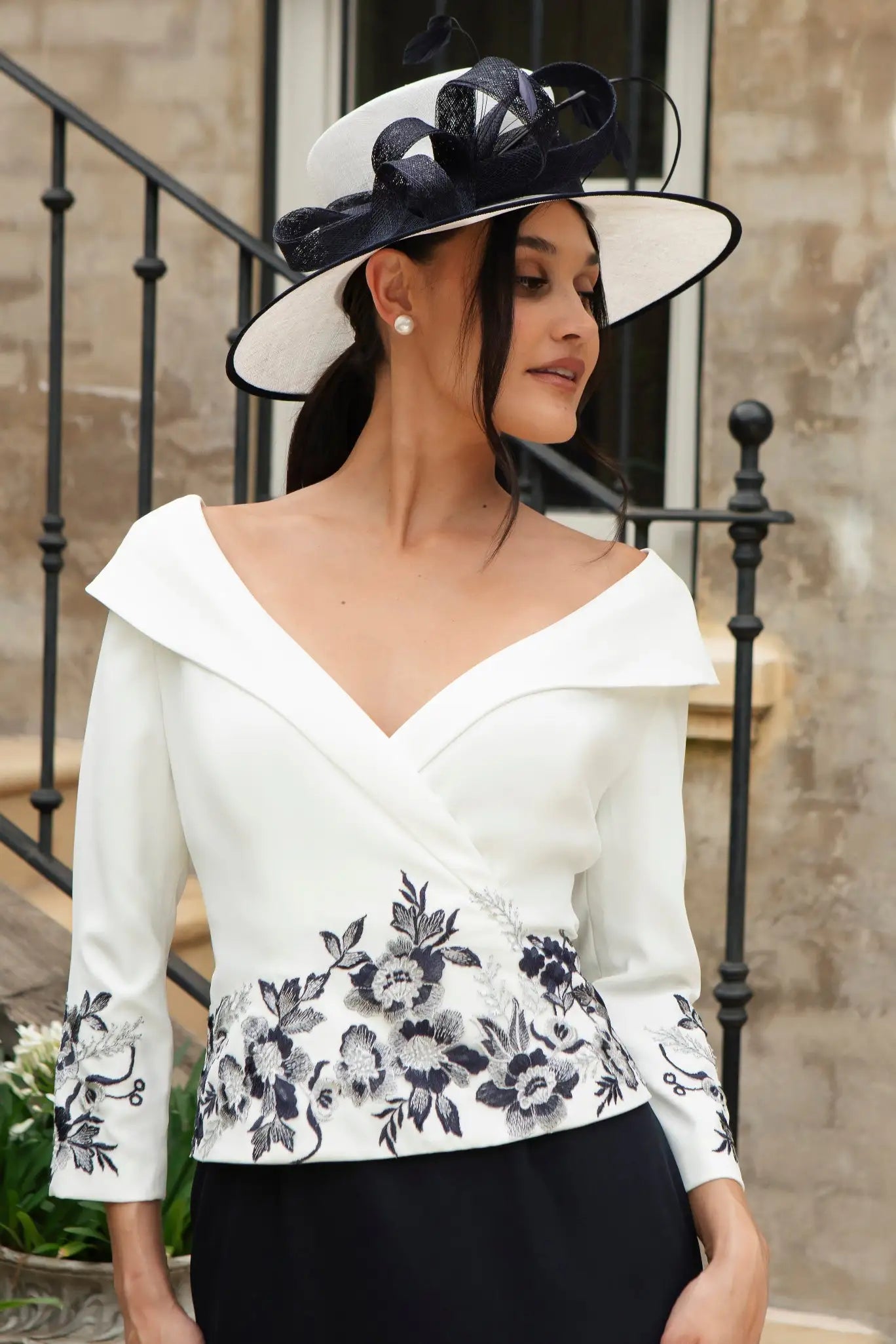 Ispirato Figure Flattering Suit Effect Dress with Luxury Embroidery in Cream &amp; Navy Blue