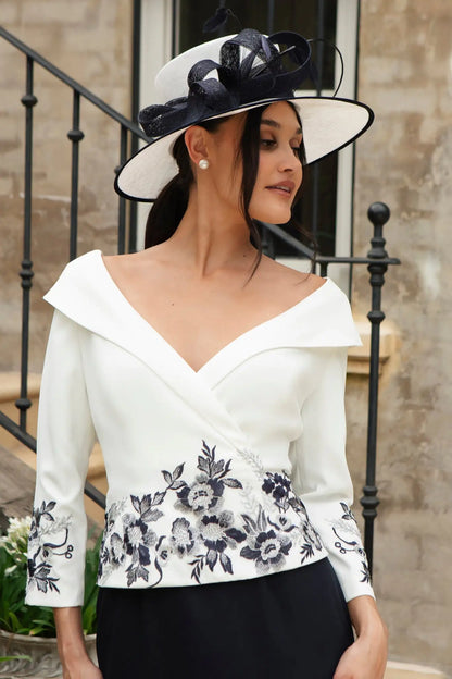 Ispirato Figure Flattering Suit Effect Dress with Luxury Embroidery in Cream &amp; Navy Blue