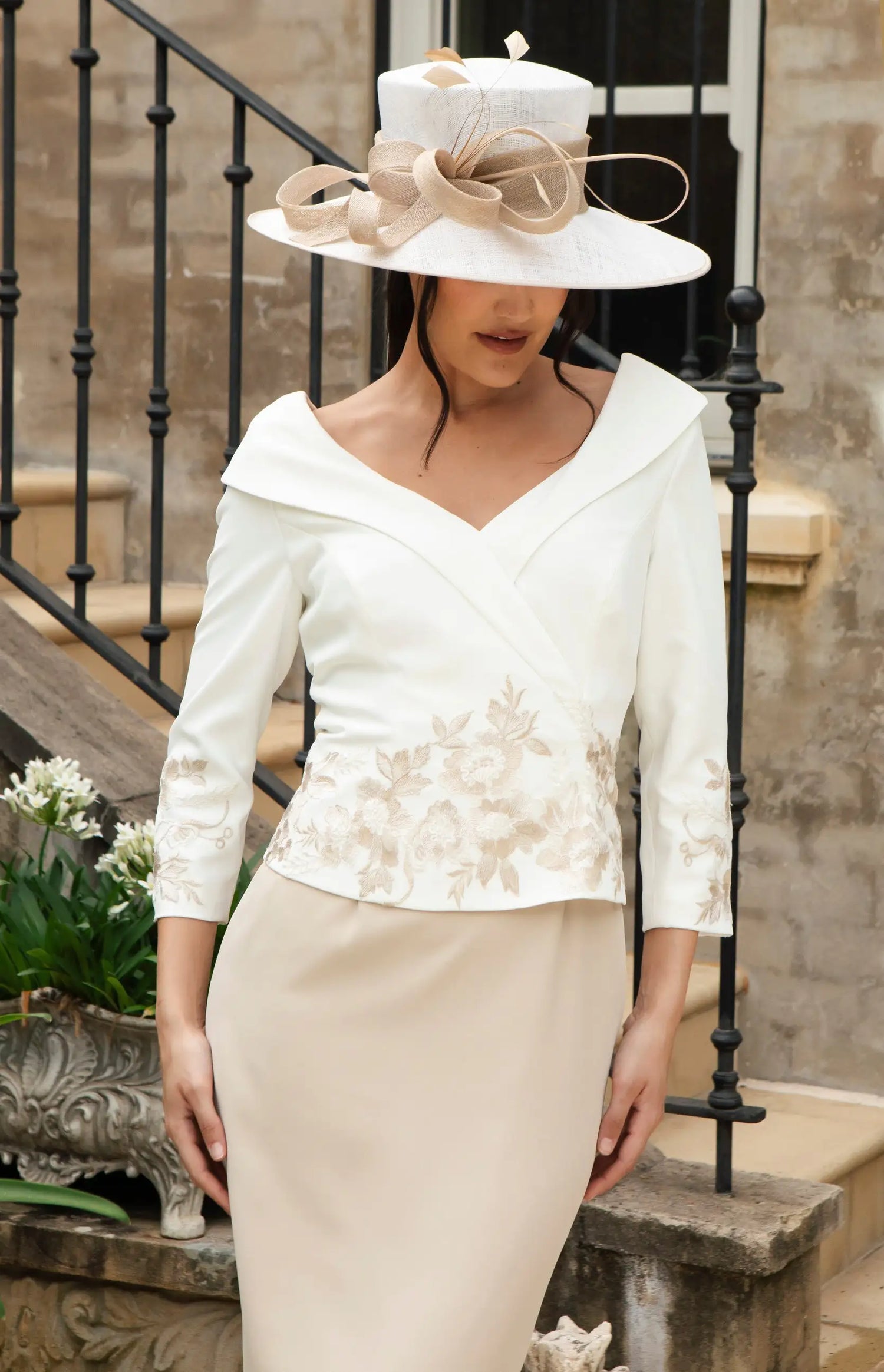 Ispirato Figure Flattering Suit Effect Dress with Luxury Embroidery in Cream and Almond