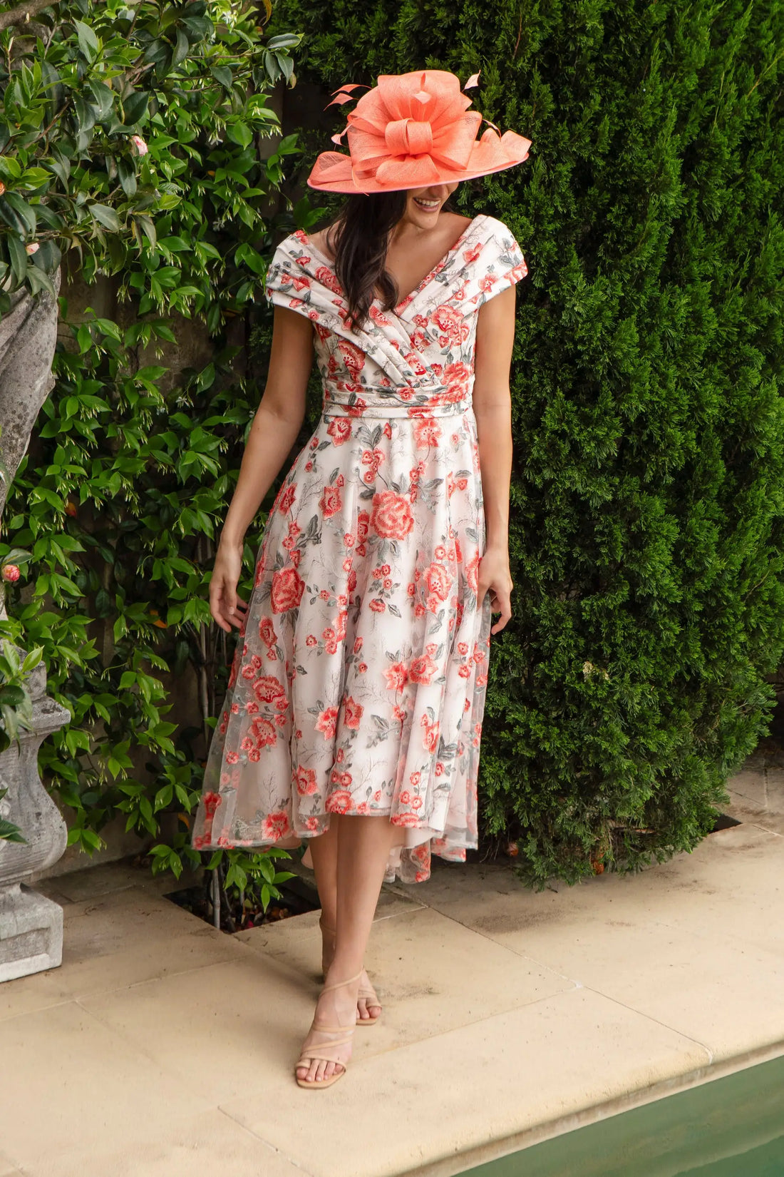 Ispirato Hibiscus Embroidered Dress with Pleated Body in Sunset