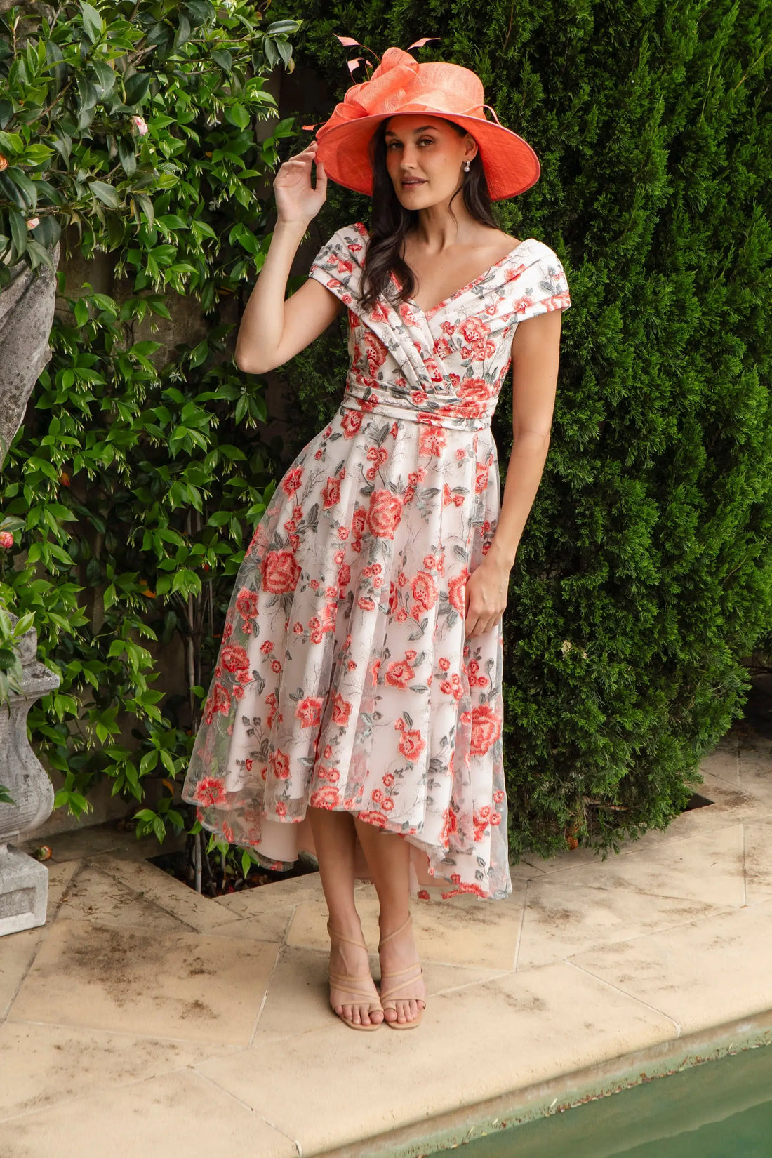 Ispirato Hibiscus Embroidered Dress with Pleated Body in Sunset