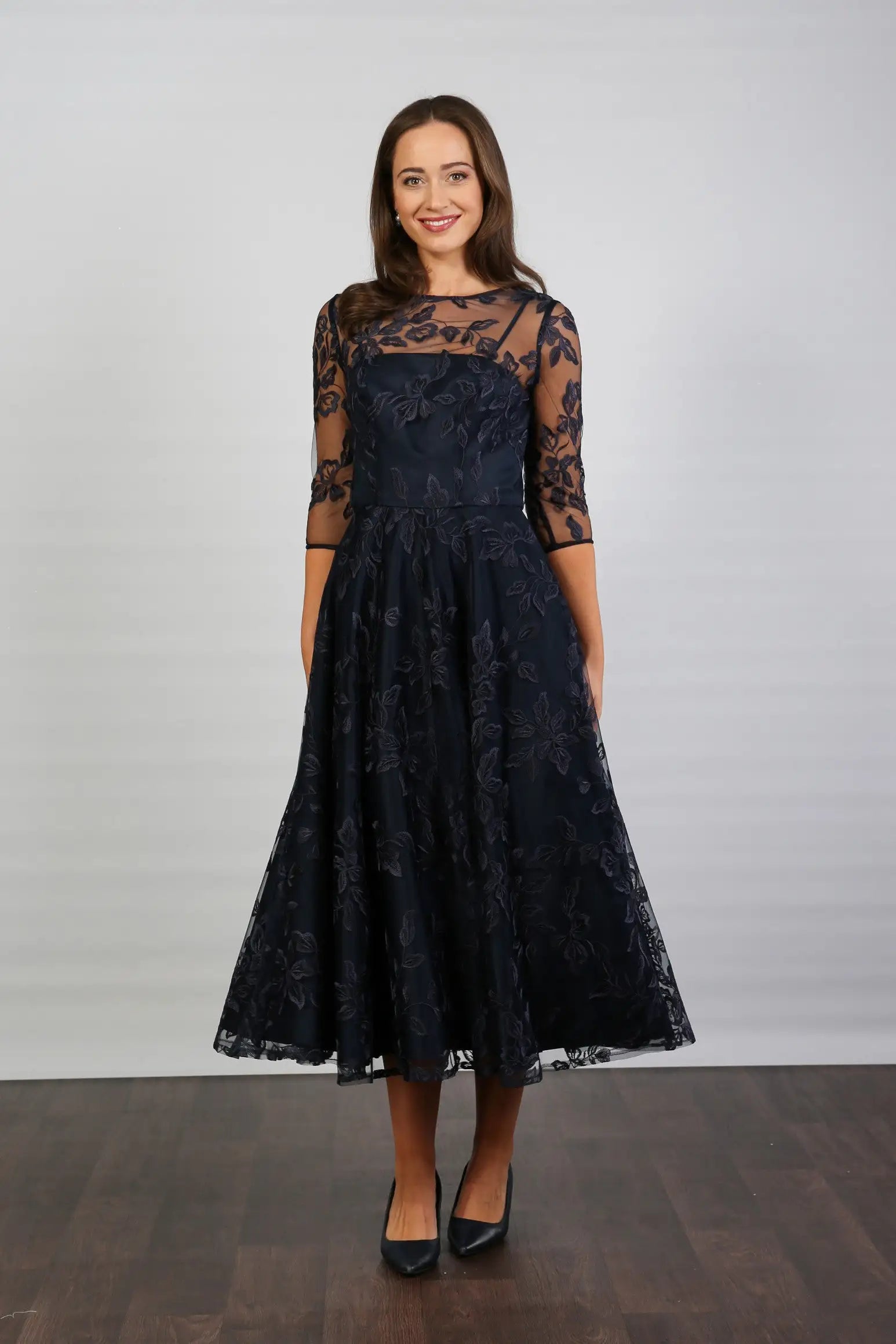 Marilyn Luxe Satin Embroidery Occasion Dress in Dark Navy Blue