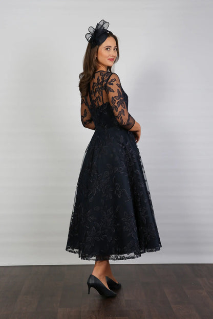 Marilyn Luxe Satin Embroidery Occasion Dress in Dark Navy Blue