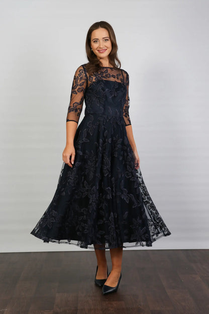 Marilyn Luxe Satin Embroidery Occasion Dress in Dark Navy Blue