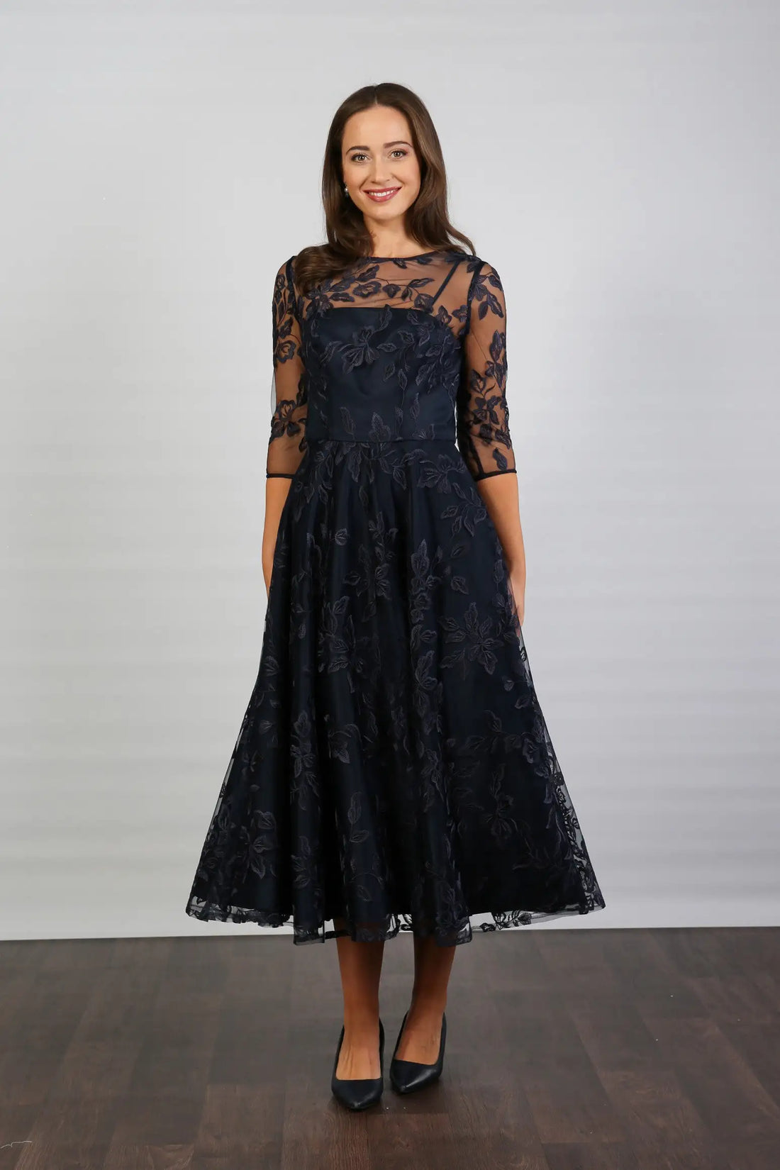 Marilyn Luxe Satin Embroidery Occasion Dress in Dark Navy Blue