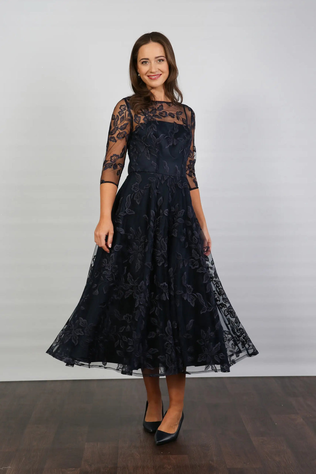 Marilyn Luxe Satin Embroidery Occasion Dress in Dark Navy Blue