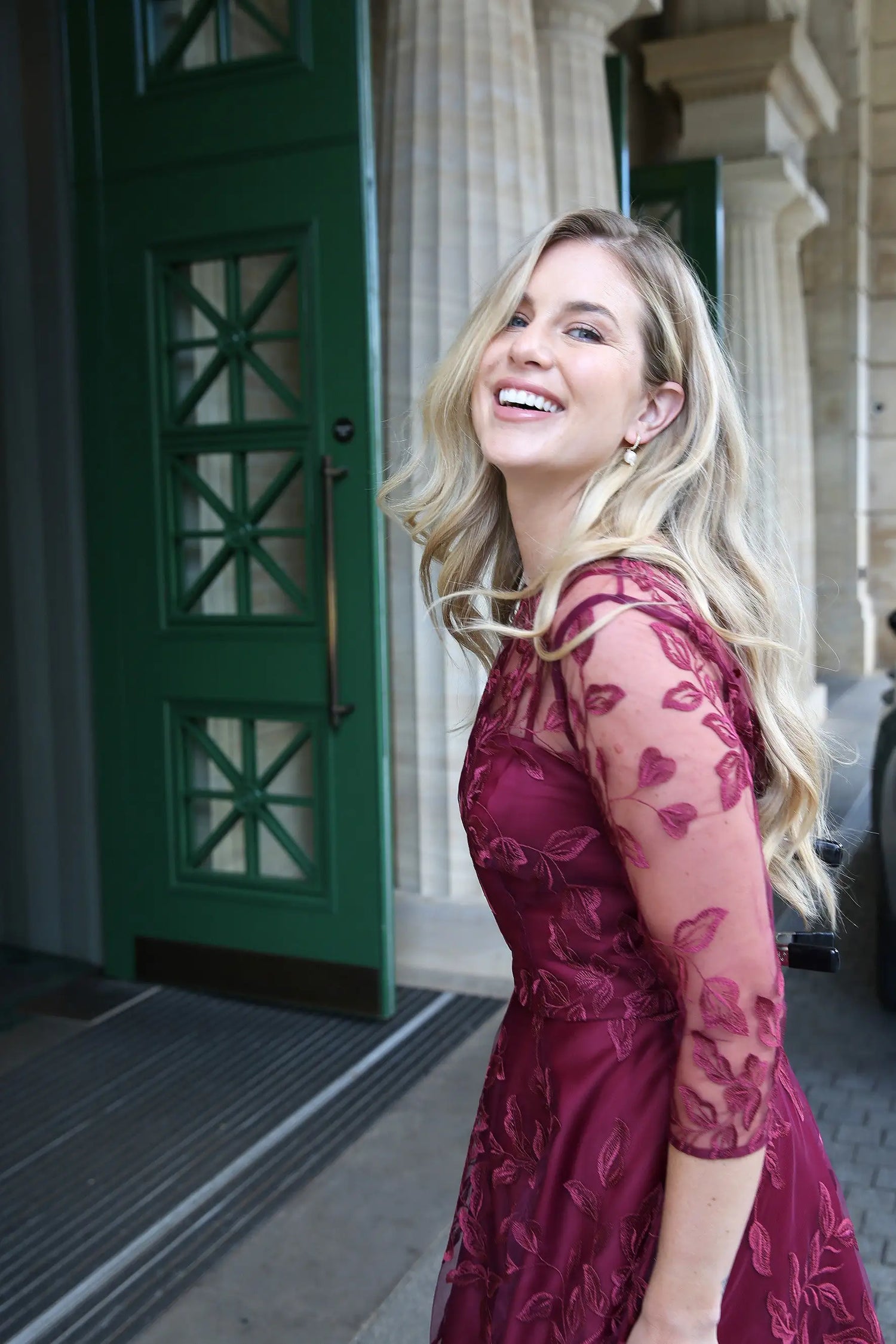 Marilyn Luxe Satin Embroidery Occasion Dress in Ruby Red