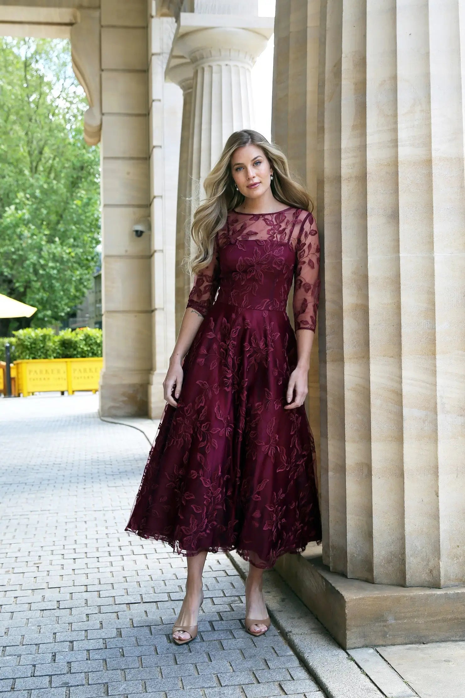 Marilyn Luxe Satin Embroidery Occasion Dress in Ruby Red