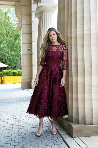 Marilyn Luxe Satin Embroidery Occasion Dress in Ruby Red