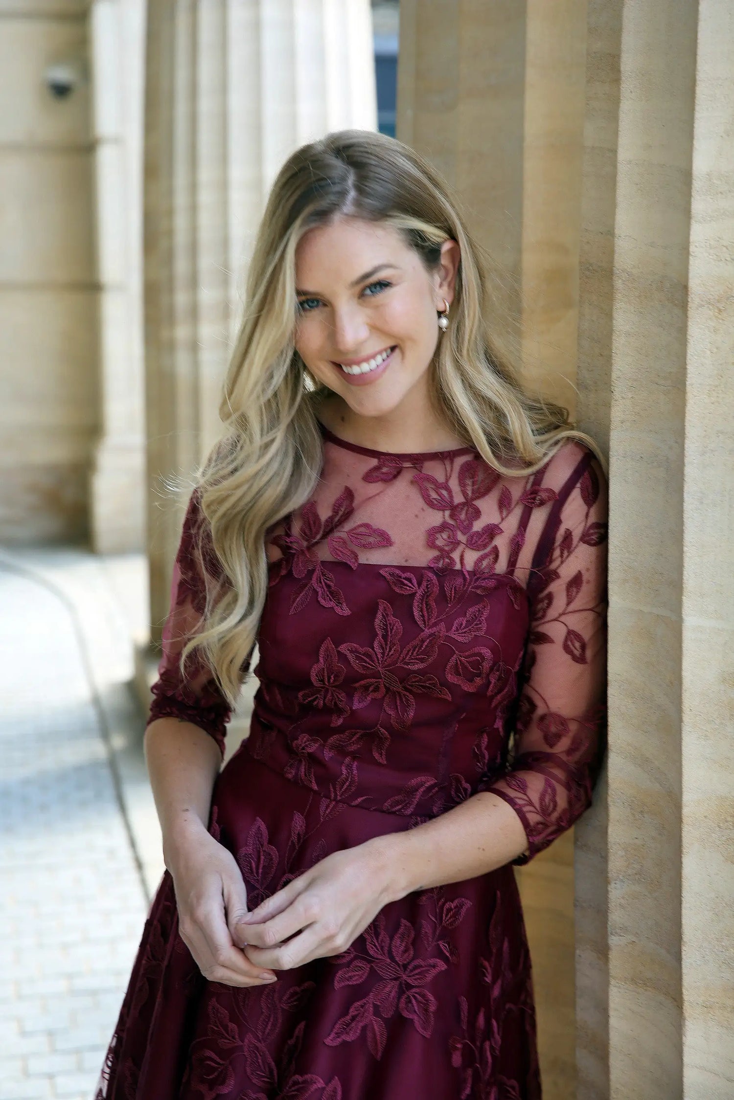 Marilyn Luxe Satin Embroidery Occasion Dress in Ruby Red