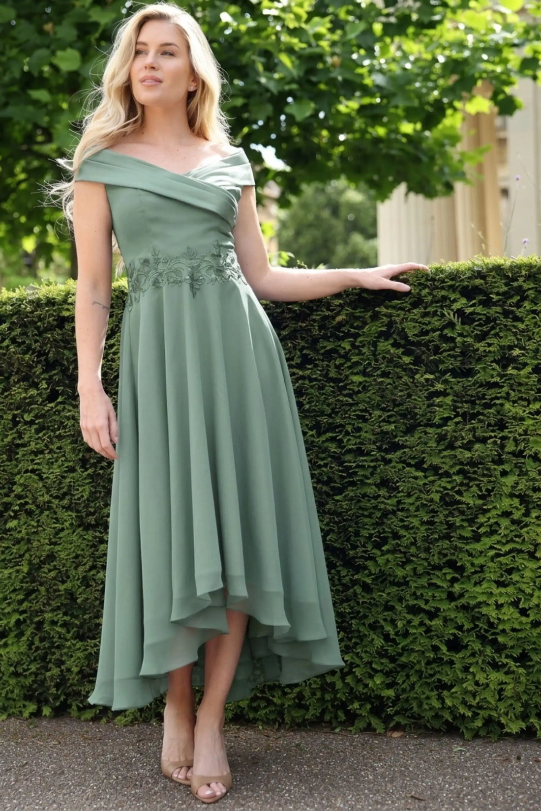 Melina Flowing Chiffon Dress in Dusty Matcha Green