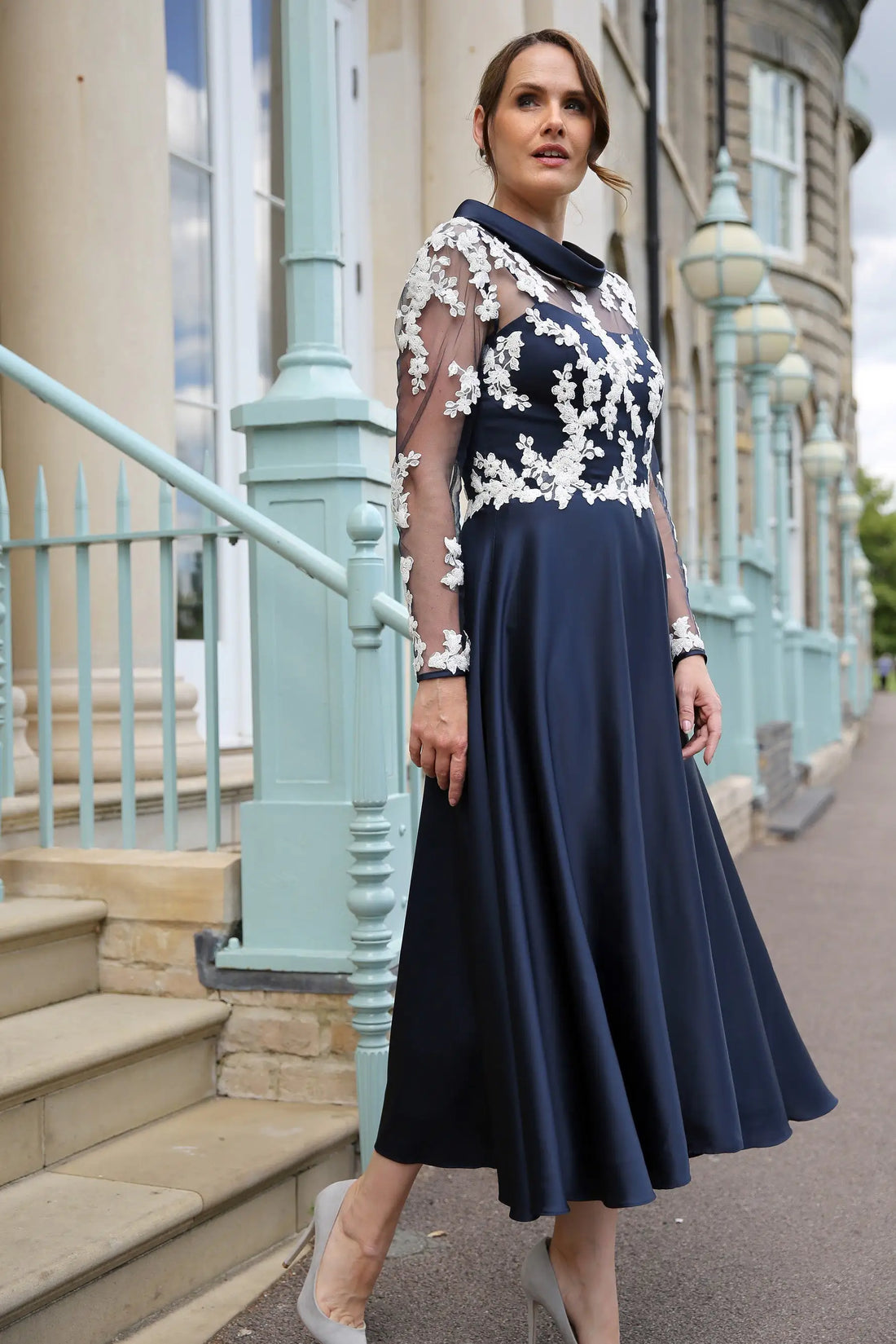 Miranda Shimmering Satin Occasion Wear Dress in Navy Blue