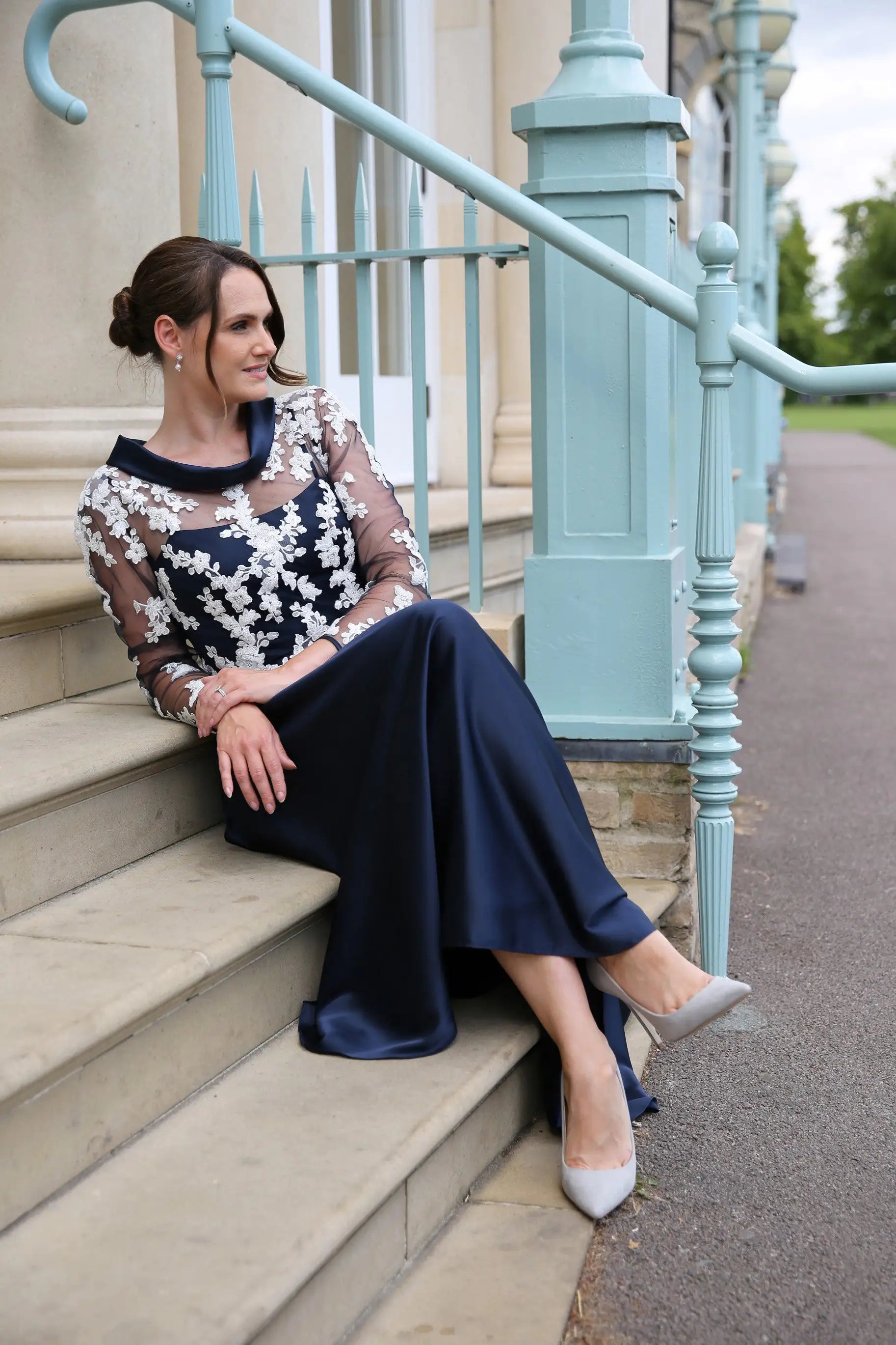 Miranda Shimmering Satin Occasion Wear Dress in Navy Blue