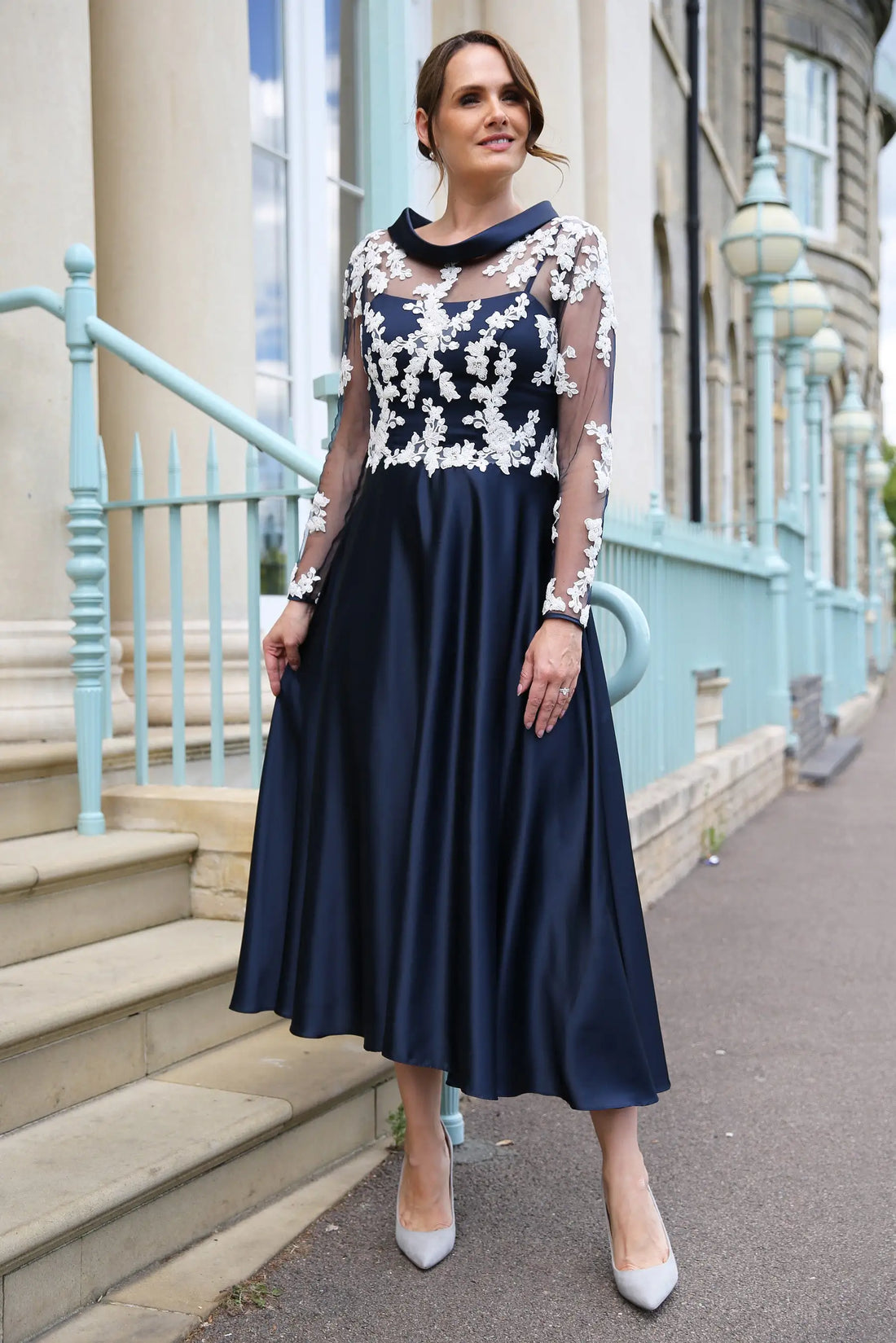 Miranda Shimmering Satin Occasion Wear Dress in Navy Blue