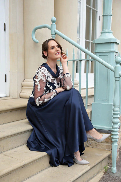 Miranda Shimmering Satin Occasion Wear Dress in Navy Blue