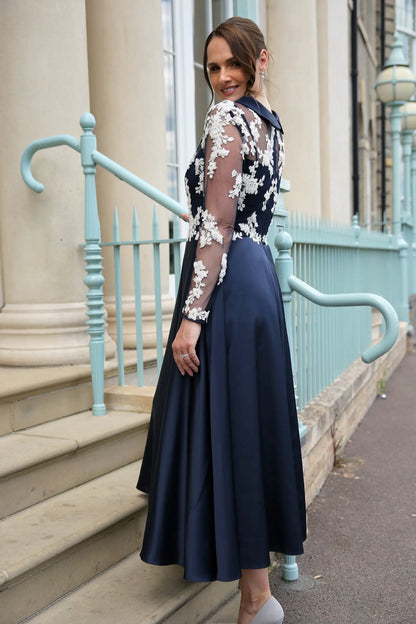 Miranda Shimmering Satin Occasion Wear Dress in Navy Blue