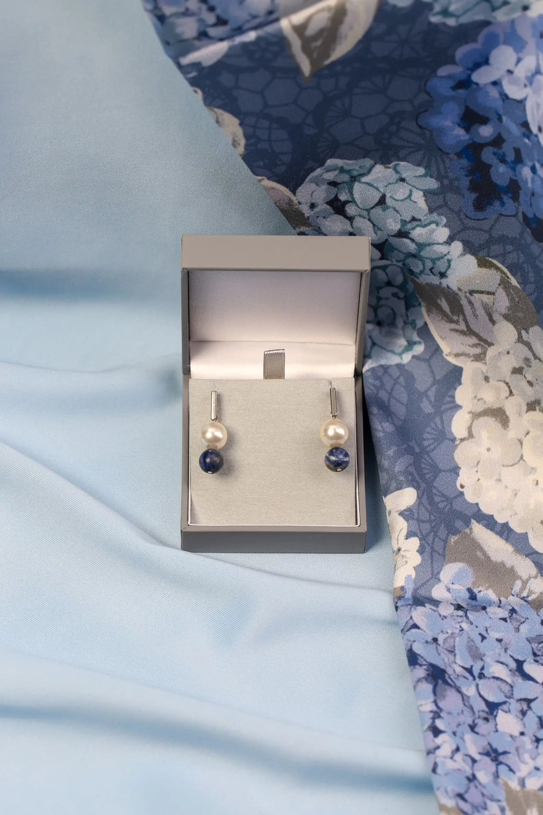 Navy and white sodalite and pearl drop earrings