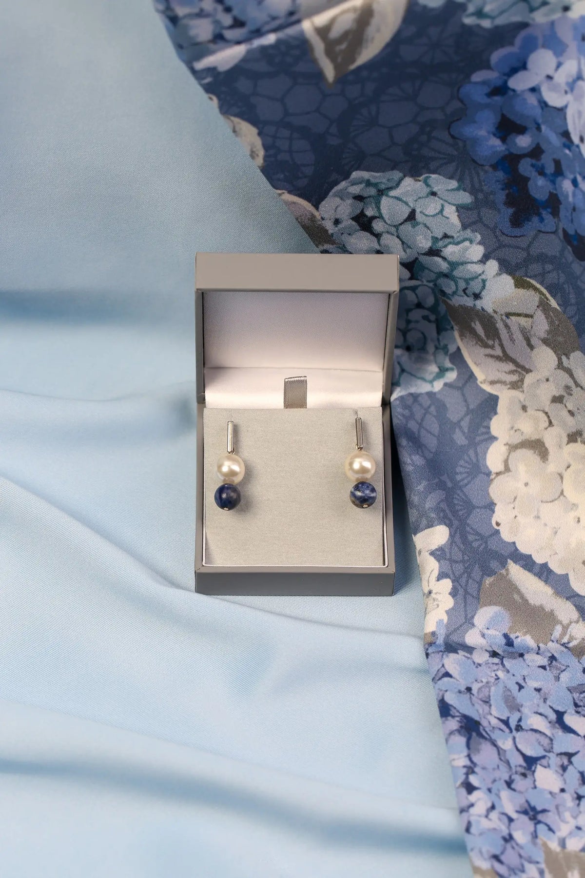 Navy and white sodalite and pearl drop earrings