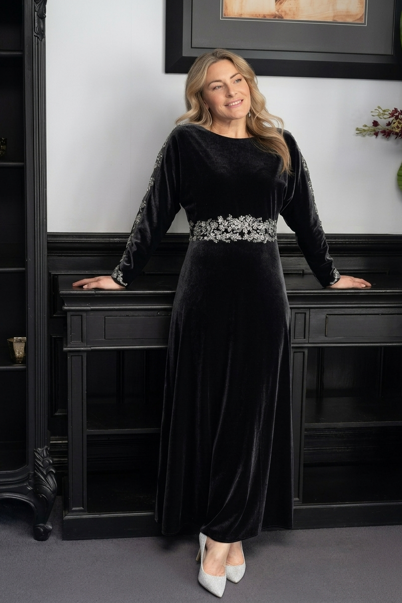Richard Designs Caress Velvet Long Sleeved Dress in Black