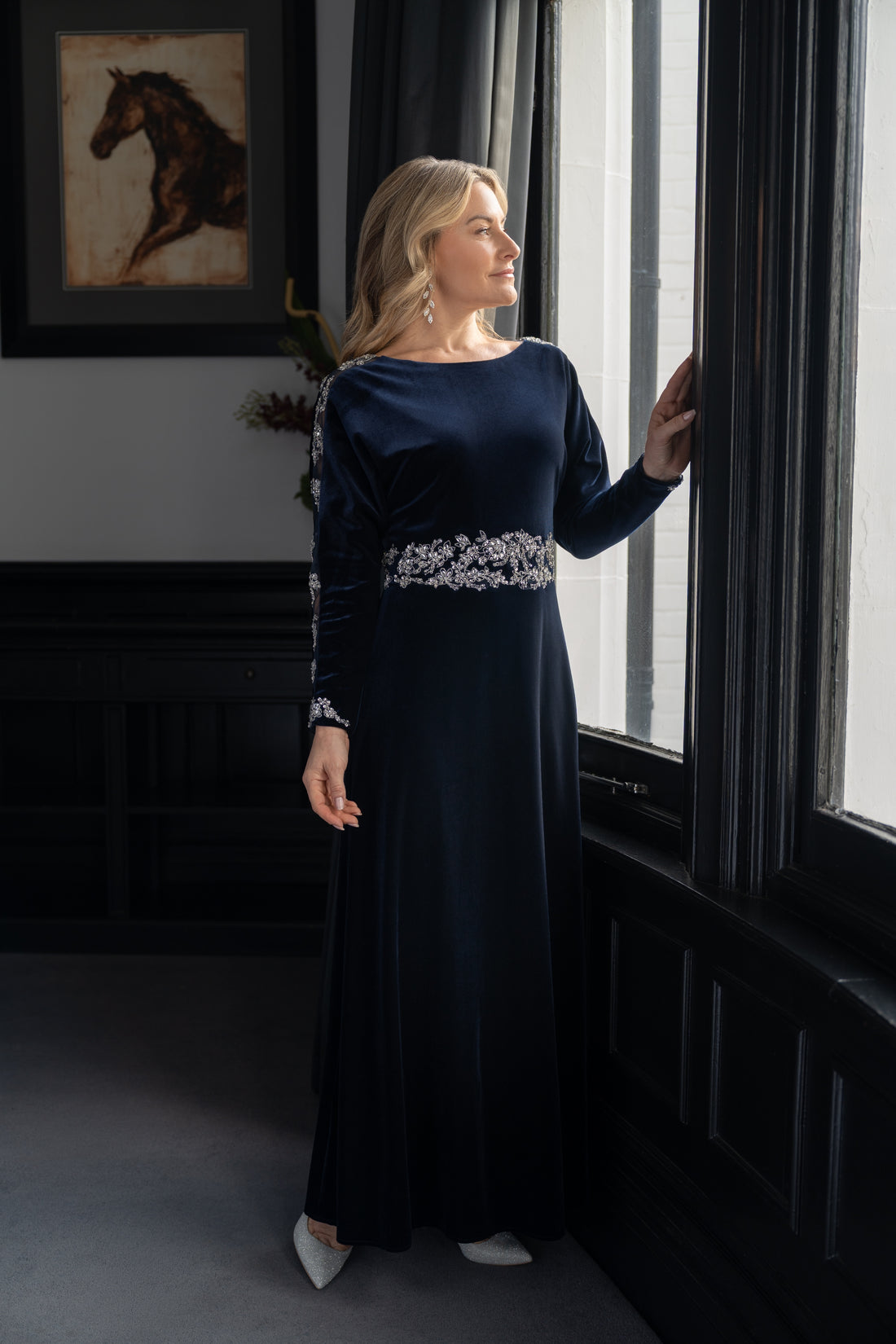 Richard Designs Caress Velvet Long Sleeved Dress in Navy