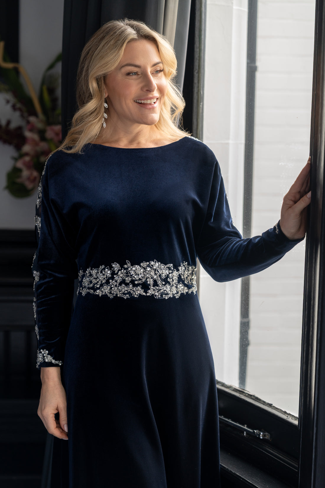 Richard Designs Caress Velvet Long Sleeved Dress in Navy