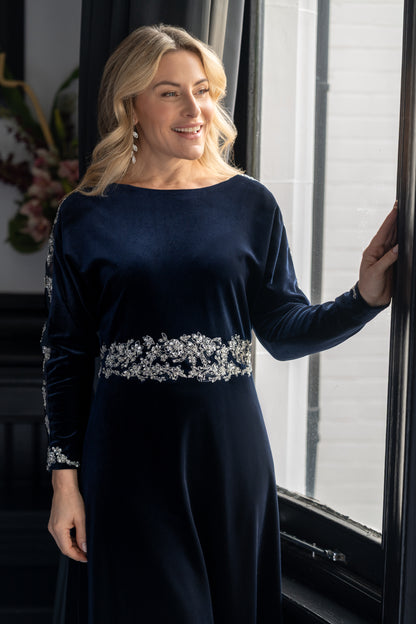 Richard Designs Caress Velvet Long Sleeved Dress in Navy