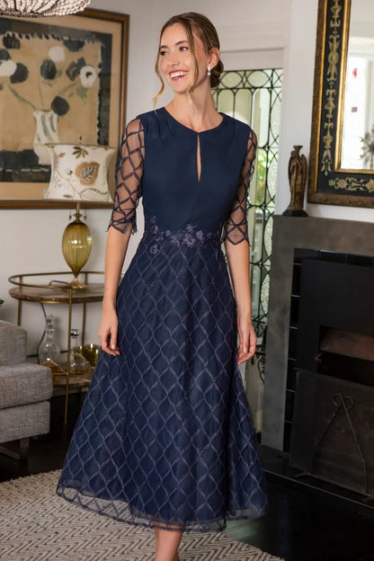 Rianne New Soft Embroidered High Neck Dress in Dark Navy