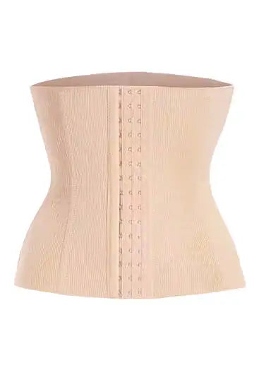 A beige hourglass waist shaper with hook and eye closure, designed to be worn under clothing for body shaping.