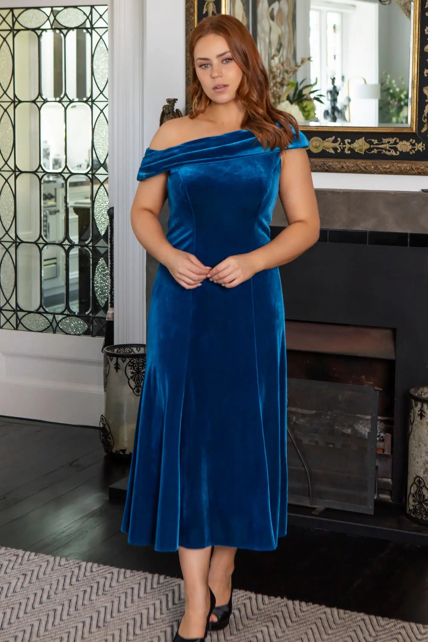 Veronica Asymmetrical Velvet Dress in Lagoon