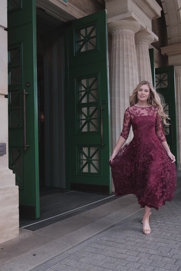 Marilyn Luxe Satin Embroidery Occasion Dress in Ruby