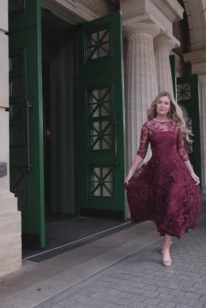 Marilyn Luxe Satin Embroidery Occasion Dress in Ruby