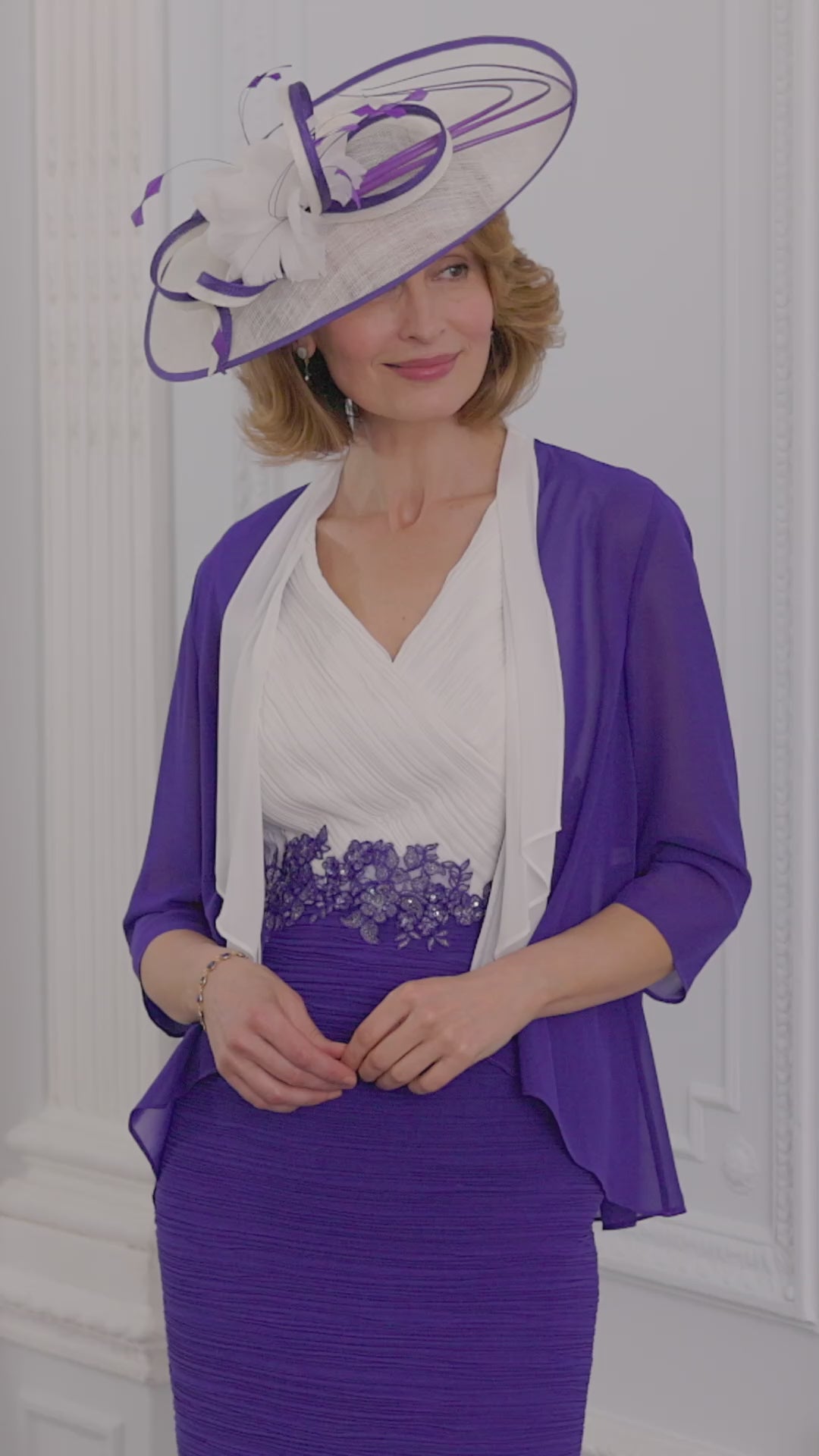 Condici Crystal Pleated Occasion Dress with Chiffon Jacket in Cream and Rich Cobalt
