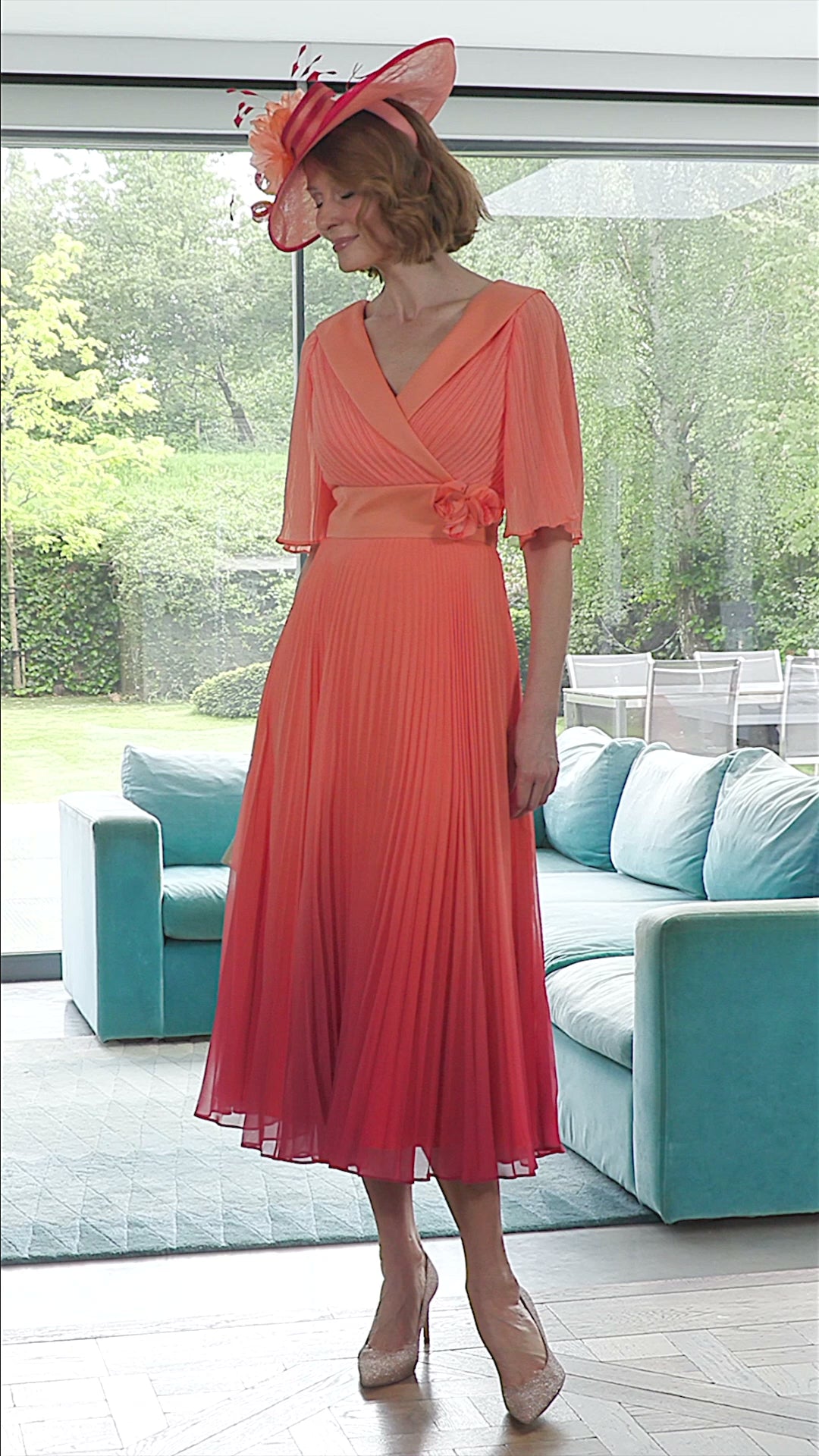 Condici Pleated Midi Occasion Dress in Ombre Apricot Sorbet