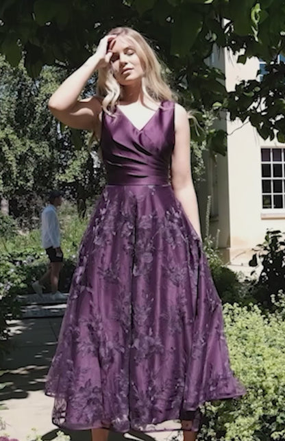 Bella Satin Embroidery Special Occasion Dress in Blackberry